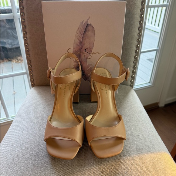 Jessica Simpson Shoes - Jessica Simpson Tan Open-Toe Block Heel Sandals with Ankle Strap